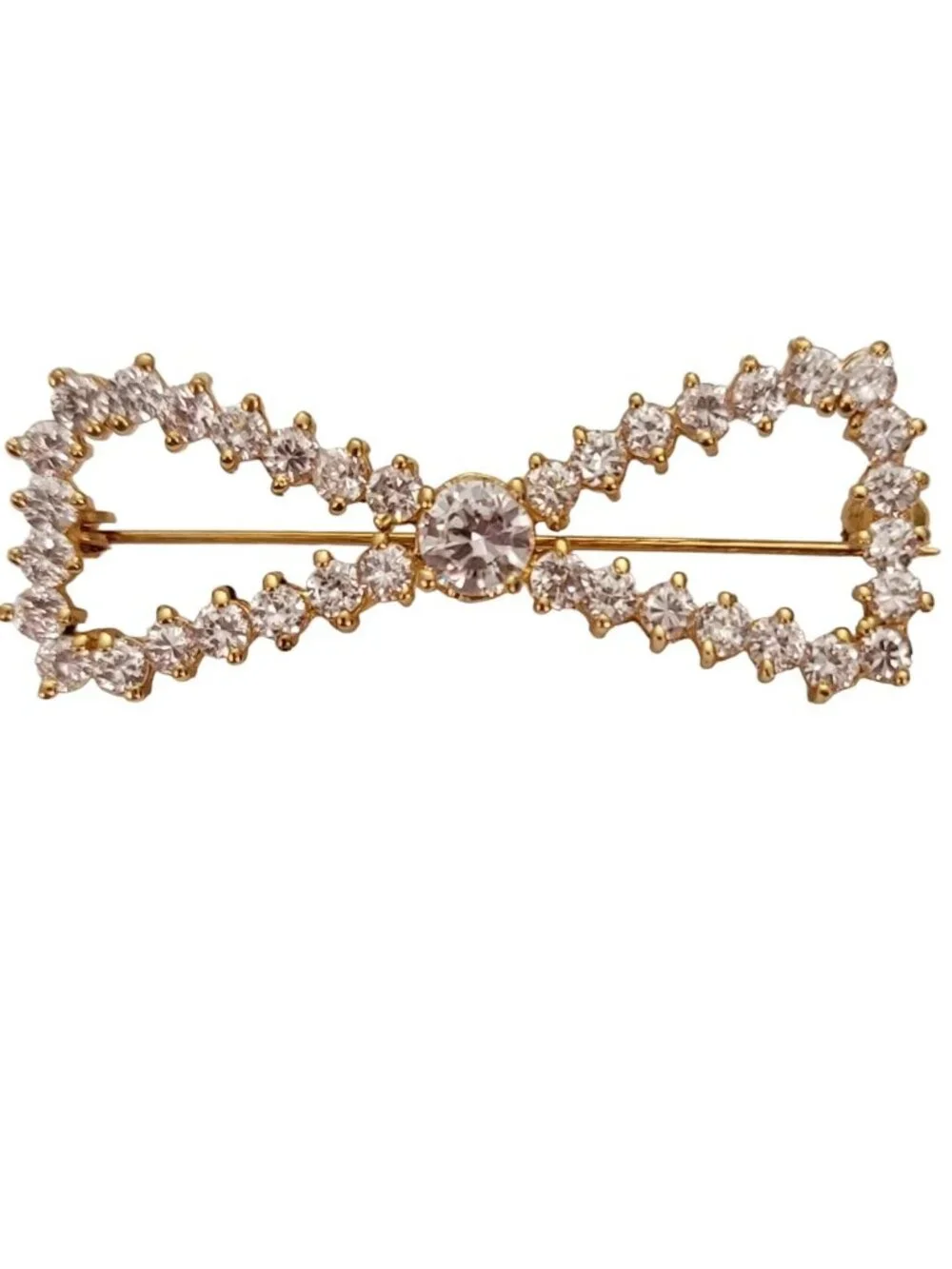 Sterling Silver Gold Vermeil Clear Crystal Rhinestone Bow Brooch Pin E244
